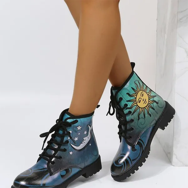 Modische Stiefeletten mit Sonnen- und Mond-Print aus PU-Kunstleder