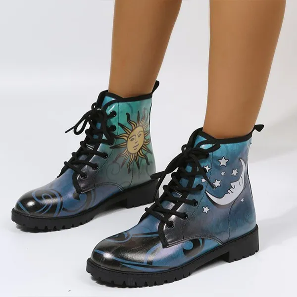 Modische Stiefeletten mit Sonnen- und Mond-Print aus PU-Kunstleder