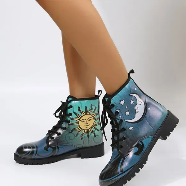 Modische Stiefeletten mit Sonnen- und Mond-Print aus PU-Kunstleder