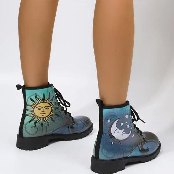 Modische Stiefeletten mit Sonnen- und Mond-Print aus PU-Kunstleder