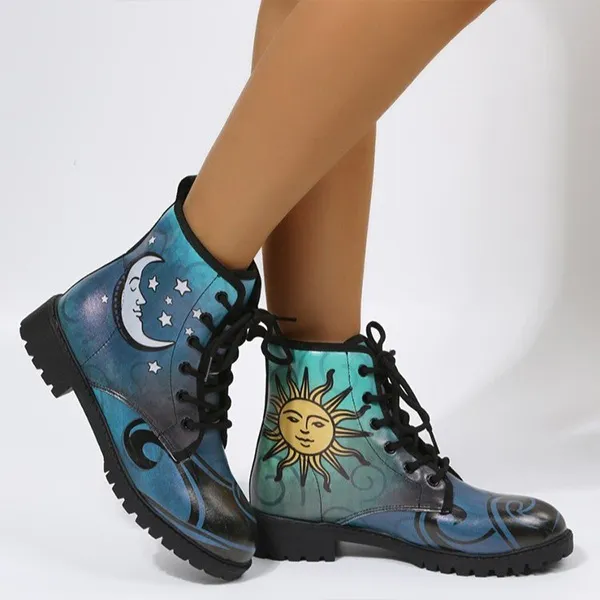 Modische Stiefeletten mit Sonnen- und Mond-Print aus PU-Kunstleder